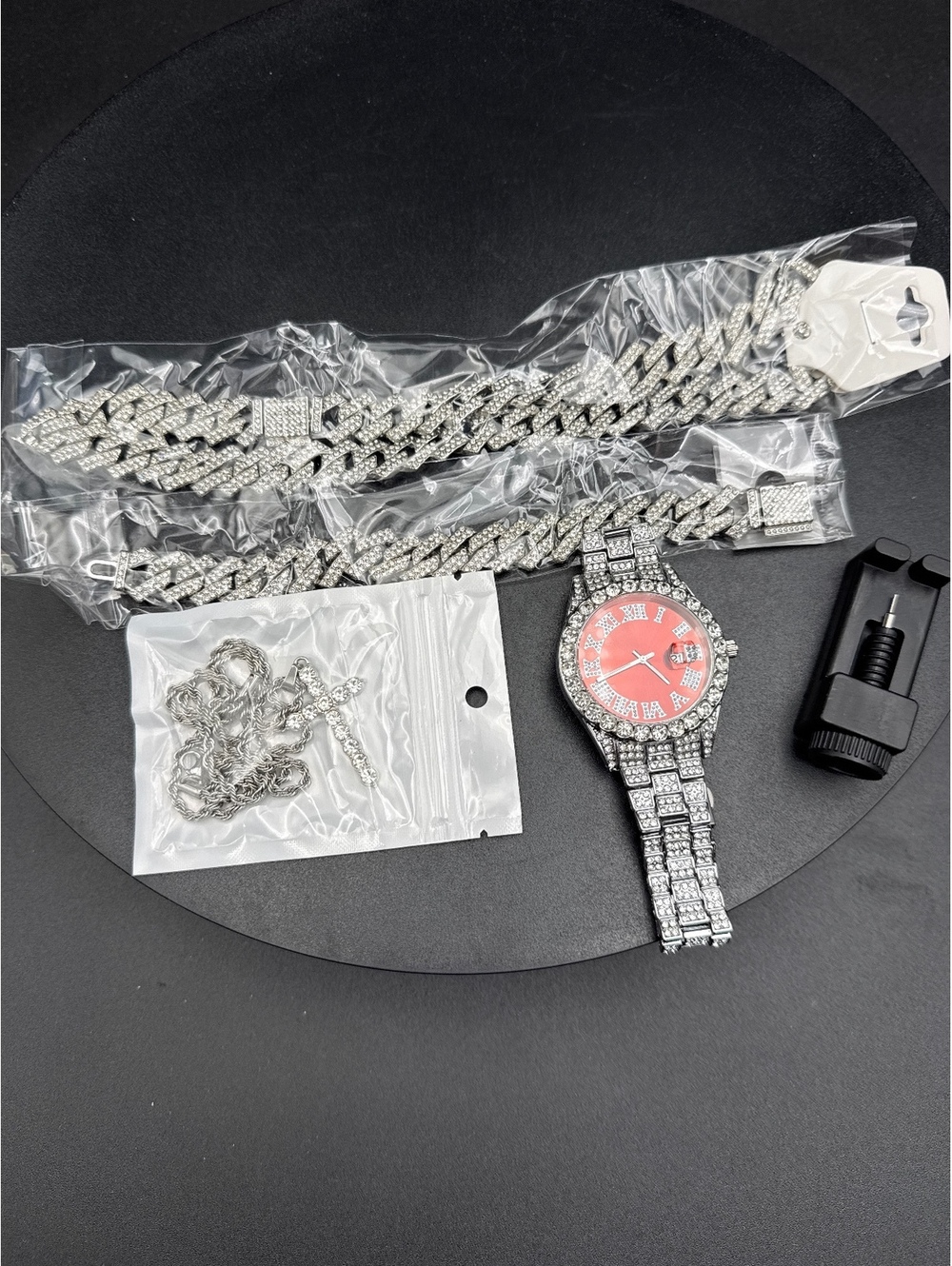 Rhinestone Studded Silver Wristwatch with Matching Chains and Cross Pendant